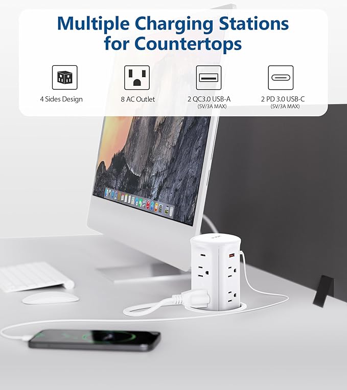 Pop up Outlet for Countertop, 3.15-inch Hole Desk Grommet Power, 8 Outlets 4 USB - Image 2