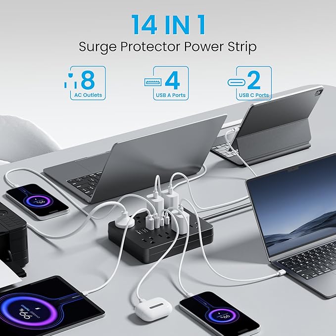 Bawmwim Surge Protector Power Strip, 8 Outlets, 6 USB Charging Ports, 10FT Flat - Image 2