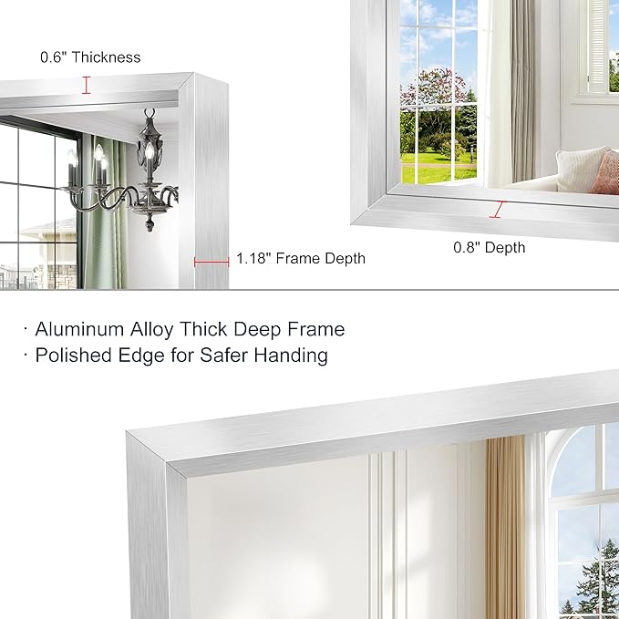 40x24 Silver Bathroom Mirror, Brushed Silver Rectangular Mirror - Image 6