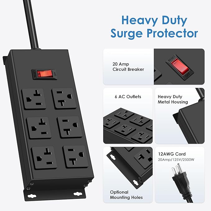 JUNNUJ 20 Amp Power Strip Heavy Duty 2 Pack, Garage 6 Outlets Metal 12 Gauge - Image 6
