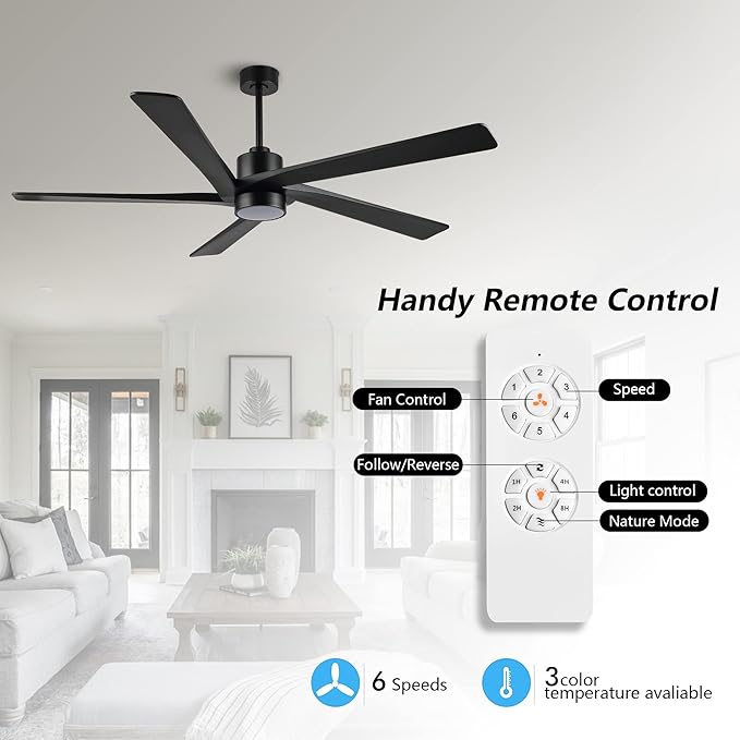 WINGBO 64" DC Ceiling Fan with Lights, 5 Carved Solid Wood Blades, 6-Speed - Image 2