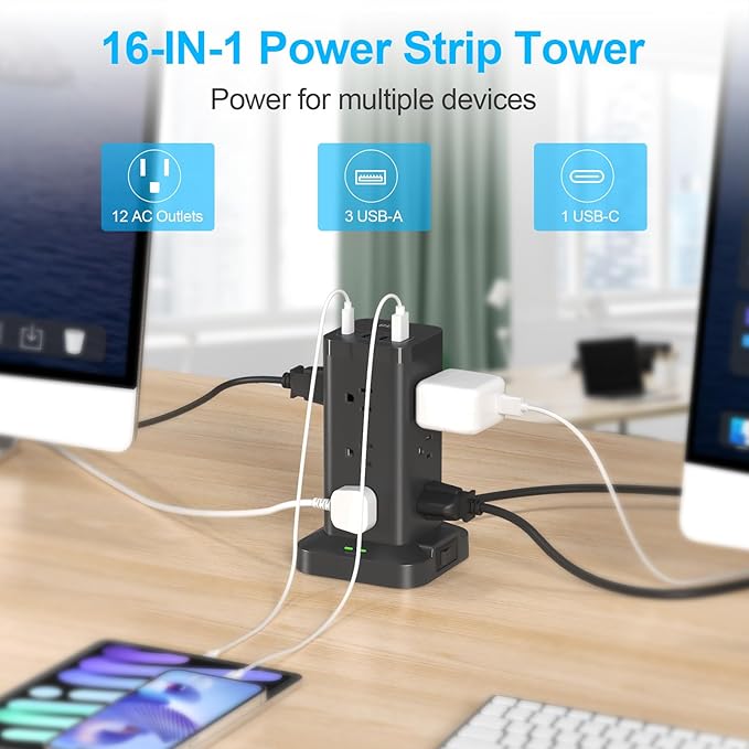 BEVA Power Strip Tower with USB Ports, Surge Protector with USB Ports, 12 AC - Image 5