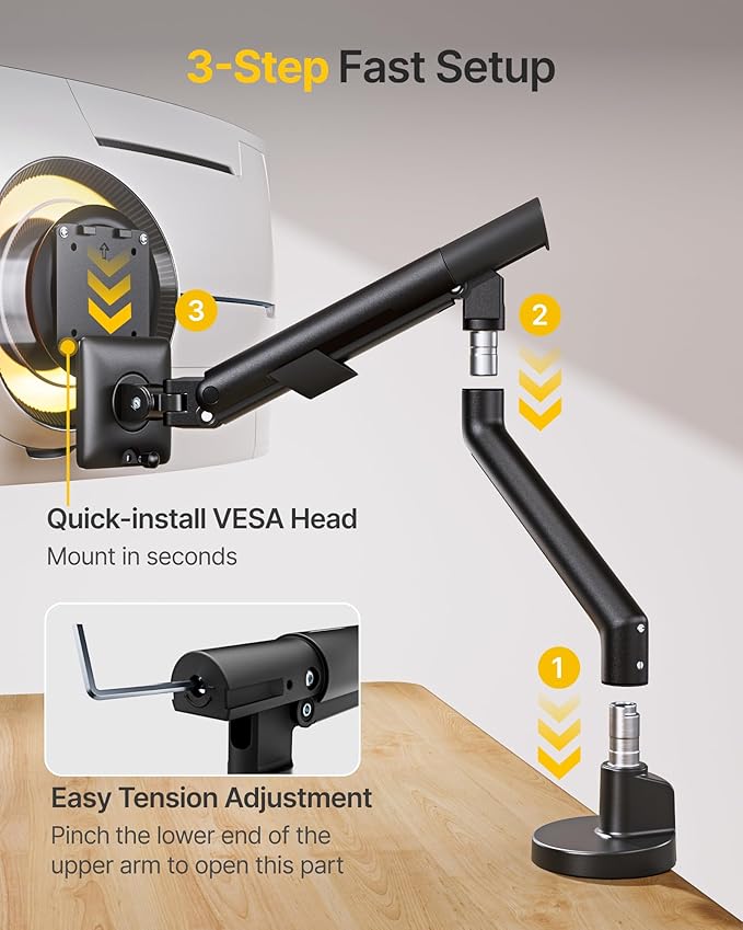 monTEK Single Monitor Arm for 17-40 Inch Screens, Heavy Duty Monitor Mount - Image 5