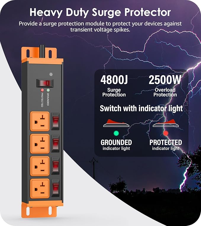 CCCEI Heavy Duty Surge Protector Power Strip 20 Amp Individual Switches. 12FT - Image 2