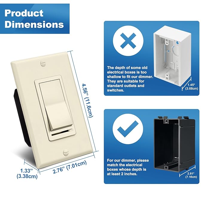 BESTTEN 10 Pack Almond Dimmer Light Switch, 3 Way or Single Pole Dimmer Switches - Image 8