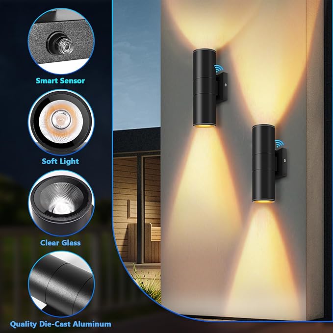 RIDALUX Dusk to Dawn Outdoor Wall Lights: 2 Pack Sensor Waterproof Cylinder Up - Image 5