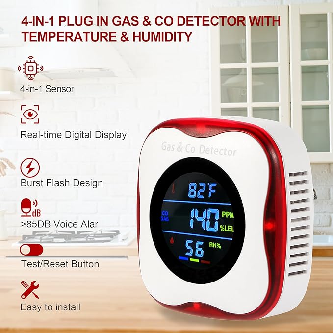 2 Packs Plug in Gas & Carbon Monoxide Detectors, 4-in-1 Natural Gas Leak - Image 4
