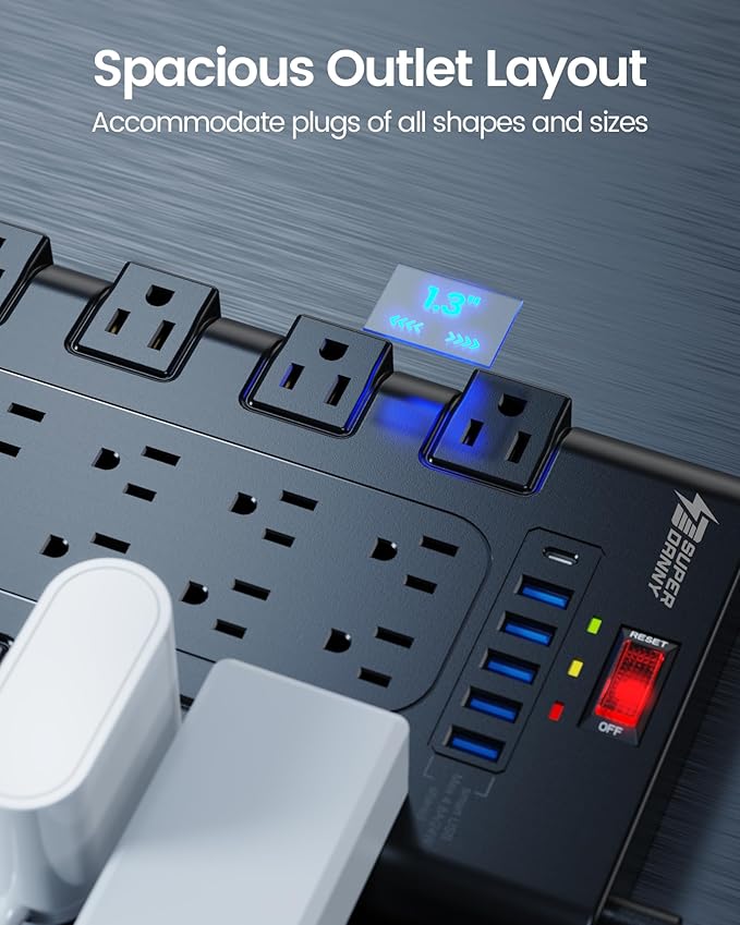 Flat Plug Power Strip, SUPERDANNY Surge Protector - Image 4