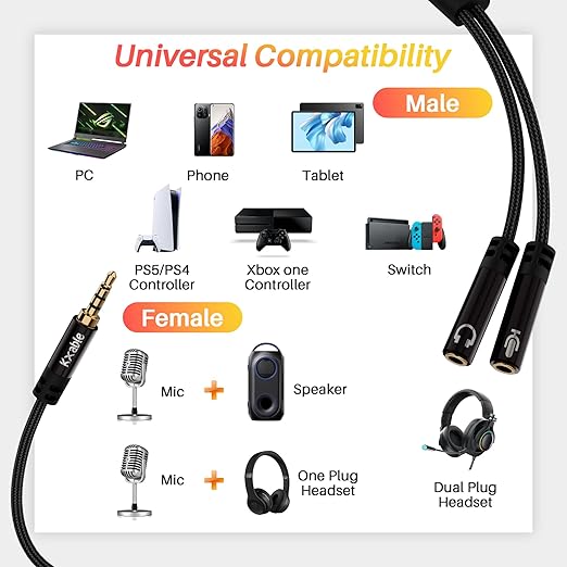 1/8inch Aux Headphone Splitter 2 Way Cable 3FT, 3.5mm 1 Male to 2 Female Mic - Image 6