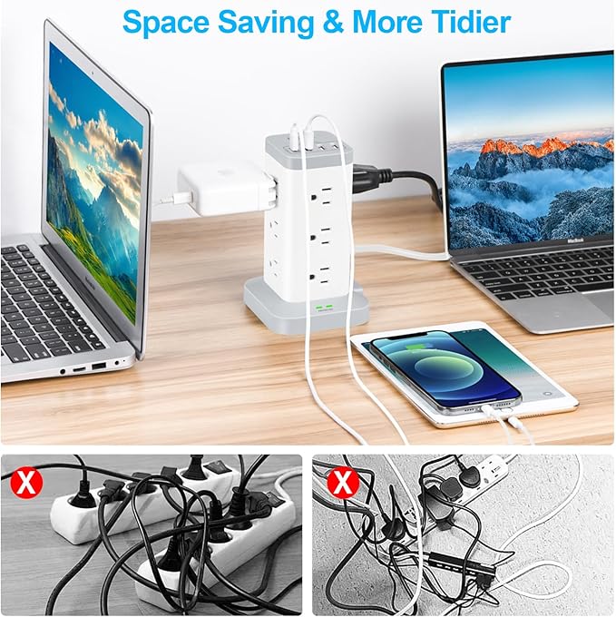 BEVA Power Strip Tower with USB Ports, 16 in 1 Surge Protector Tower, 12 AC and - Image 2