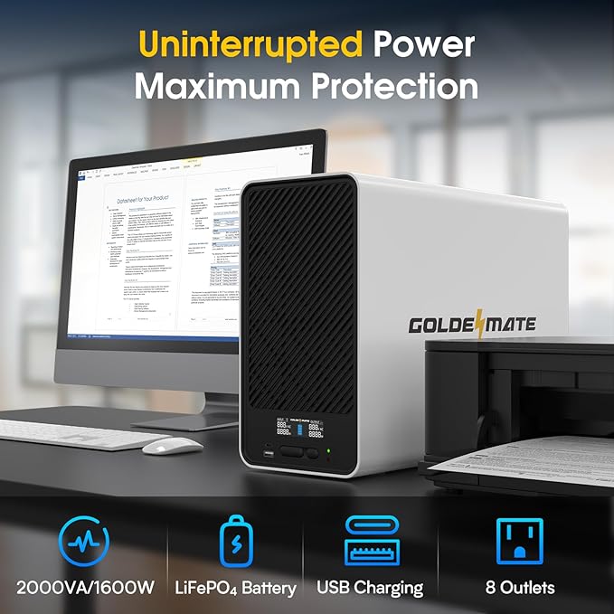 GOLDENMATE 2000VA/1600W Lithium UPS Battery Backup and Surge Protector - Image 2