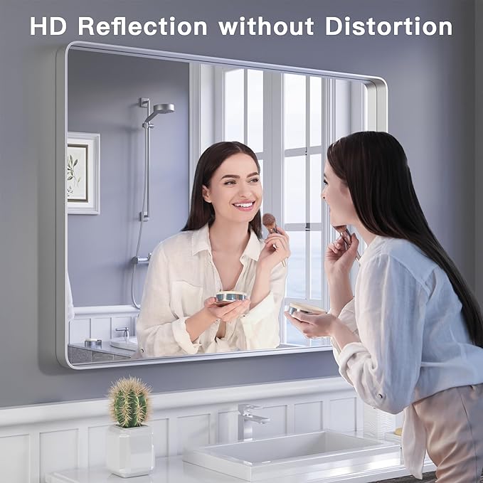 ISKM Silver Metal Framed Bathroom Mirror, 40 x 32 Inch Brushed Silver Vanity - Image 2