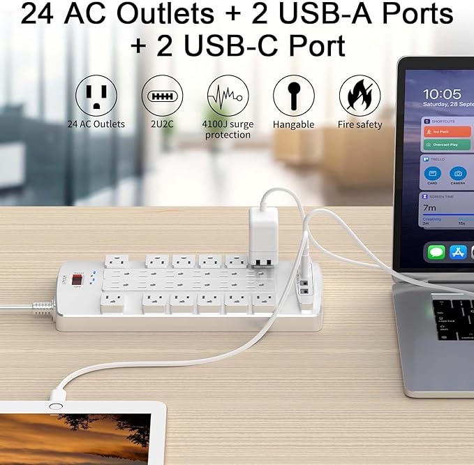 QINLIANF Surge Protector Power Strip - 6Ft Flat Plug Heavy Duty Extension Cord - Image 2