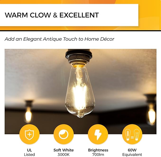 Hizashi LED Edison Bulbs, Equivalent 60W, Dimmable E26 LED Bulb, 3000K Soft - Image 2