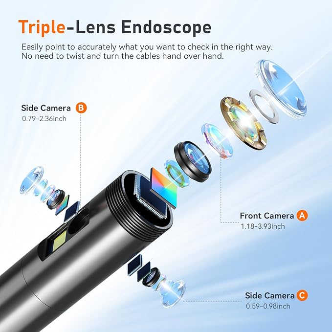 50FT Triple Lens 5" IPS Borescope Inspection Camera, Ginocaco 1080P Digital - Image 2