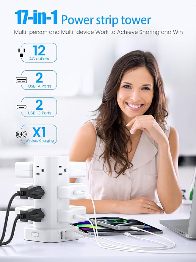 Tower Power Strip with 15W Wireless Charger, 6FT Flat Plug Extension Cord with - Image 2