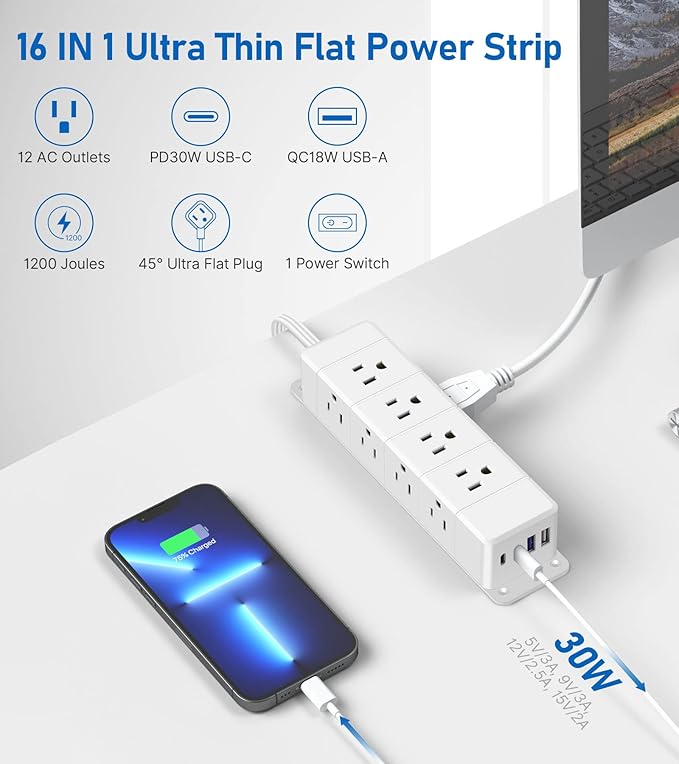 30W USB C Power Strip Surge Protector, 4 Side 12 Outlets Desk Power Strip - Image 2