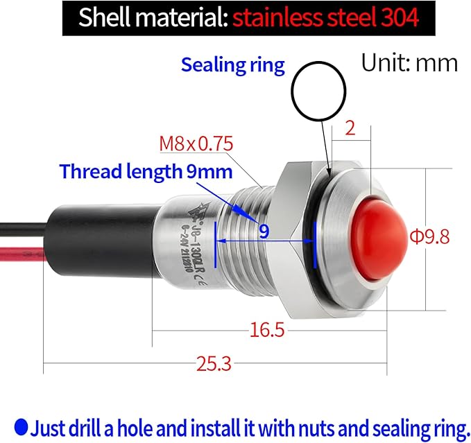 ZGSZJHF UL Listed Mini Indicator Light 8mm 0.31" Waterproof Domed Metal - Image 4