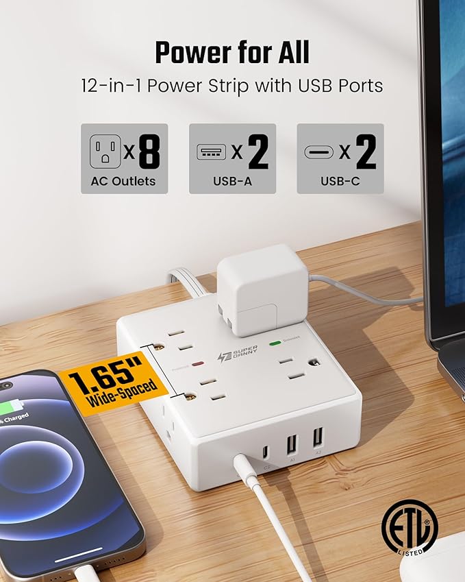 15Ft Long Extension Cord, Surge Protector Power Strip - Image 4
