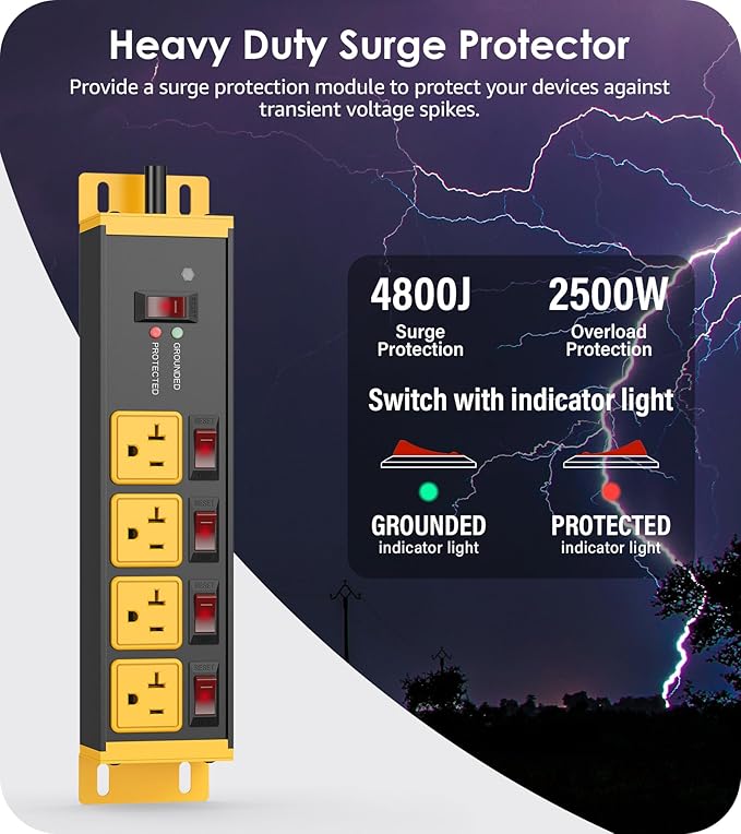 CCCEI Heavy Duty Surge Protector Power Strip 20 Amp Individual Switches. 10FT - Image 2