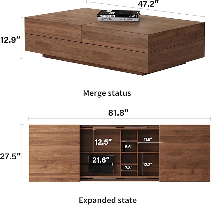 NessCarsti Mid-Century Modern TV Stand & Expandable Coffee Table Set, Walnut - Image 3