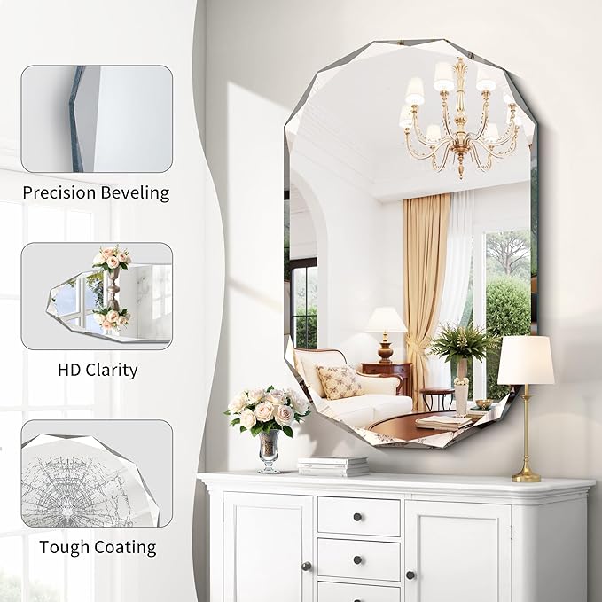 GLASHOM Frameless Bathroom Mirror, 30x48 inch Beveled Bathroom Mirror Wall - Image 2