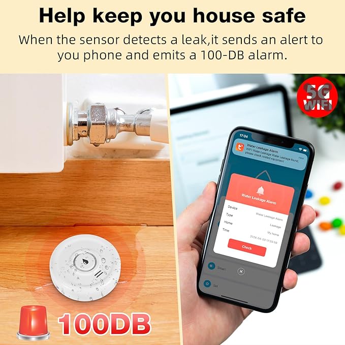 Douevo WiFi Water Leak Sensor, 100 dB Water Alarm Leak Detector, - Image 7