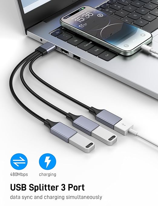 KAYQINHO USB Splitter 1 in 3 Out, USB A Male to 3 Female USBA Ysplitter - Image 2