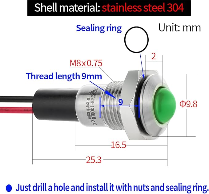 ZGSZJHF UL Listed Mini Indicator Light 8mm 0.31" Waterproof Domed Metal - Image 4