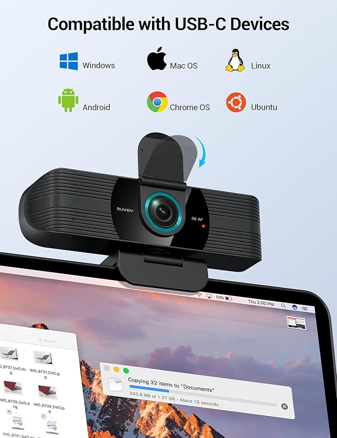 RUWBY QHD 2K Webcam with Built-in Dual Mics, Wide-Angle Lens, Privacy Cover - Image 6