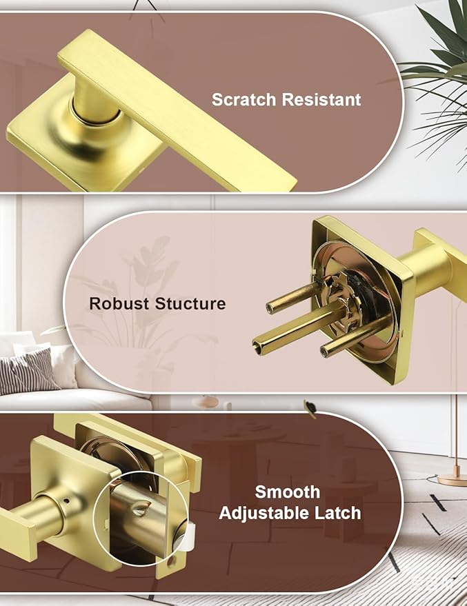 Mengico 10 Pack Passage Door Levers Gold Finish, No-Locking Keyless Square Door - Image 2