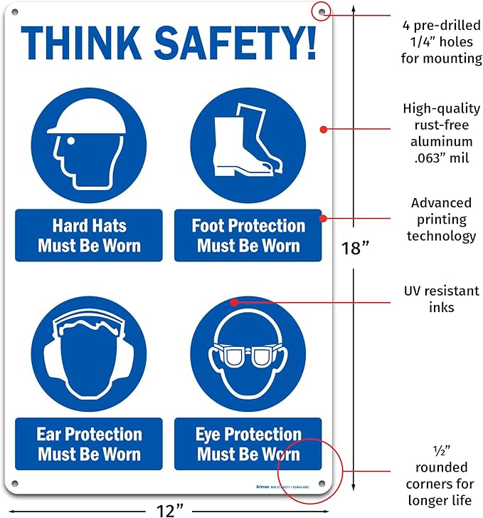 Brimar - 12" x 18" - Think Safety PPE Must Be Worn Sign - .063″ White Rust-Free - Image 2