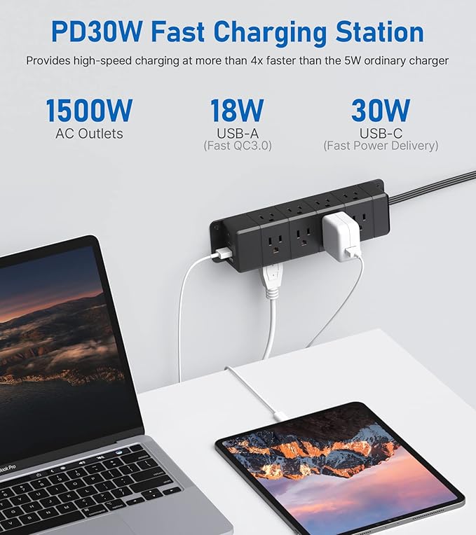 30W USB C Power Strip Surge Protector, Ultra Thin Flat Plug Power Strip 4 Side - Image 3