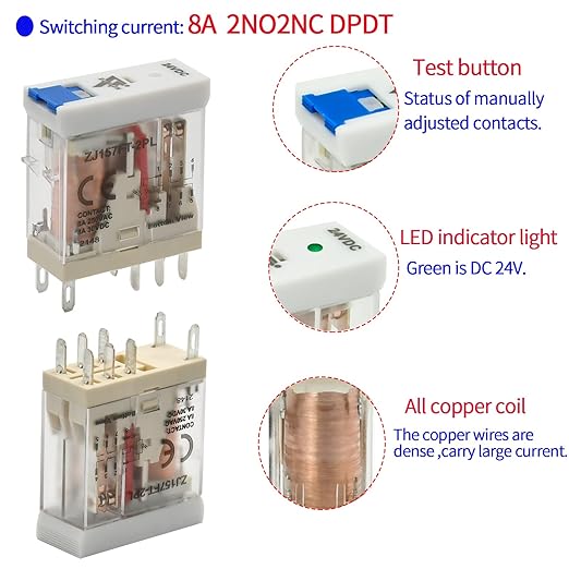 24 Volt Relay with Test Button Miniature 8Amp DPDT with Led Indicator Light and - Image 2