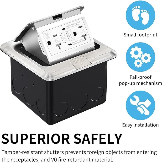 Vagueior Pop-Up Floor Box Kit, 20A Tamper-Weather Resistant Receptacle GFCI - Image 4