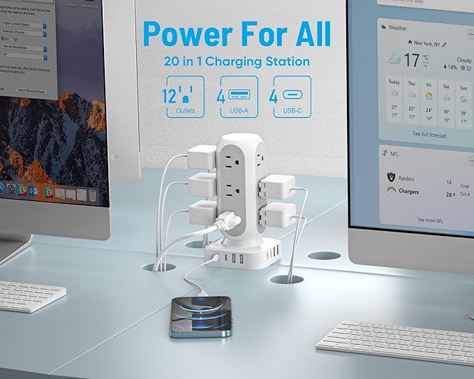 Flat Plug Power Strip Tower 10FT, 40W Total Fast Charging Station, Dual PD 20W - Image 2