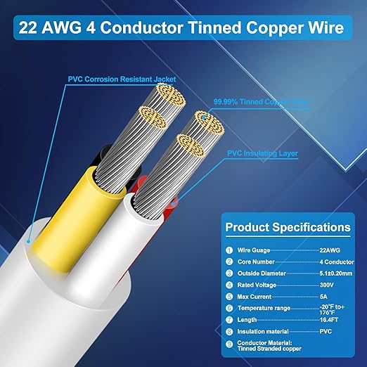22 Gauge 4 Conductor Electrical Wire, 16.4 FT Low Voltage 22/4 Tinned Copper - Image 2