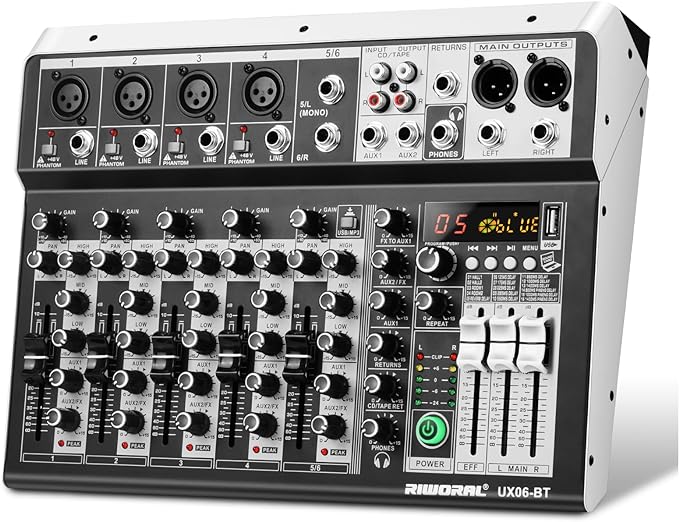 6 Channel Audio Interface Sound Board Mixing Console 16-Bit DSP DJ Mixer Audio by RiworalAudio