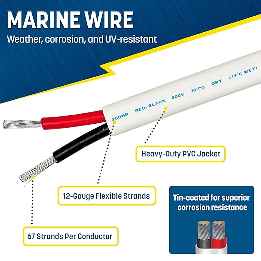 GS Power 50 Ft Duplex Marine Wire, 12 Gauge Wire, Oxygen-Free Tinned Copper 12 - Image 2