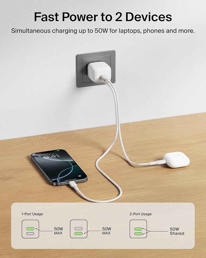 Belkin 2-Port USB C Charger Block 50W, Dual-Port GaN Charger w/ 2X USB C Ports - Image 2