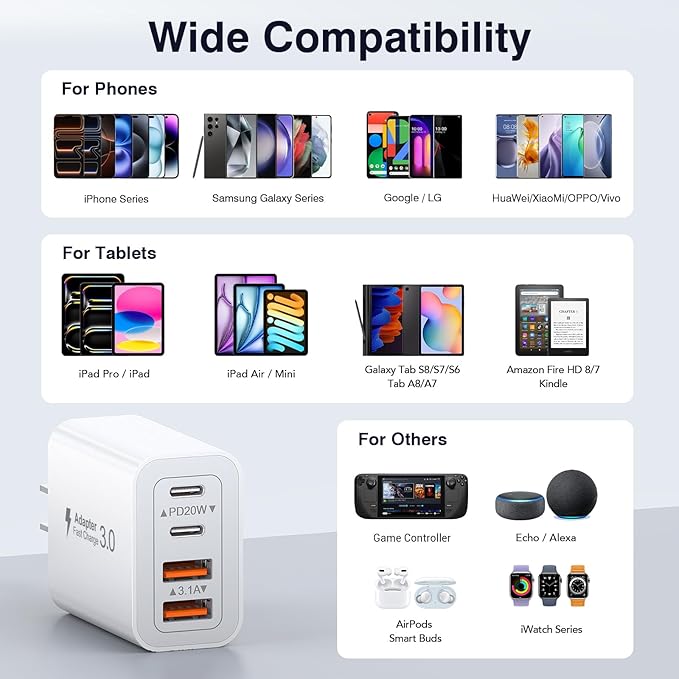 40W USB C Charger Cube, 4-Port PD+QC Power Adapter Multiport Brick Type C Box - Image 4