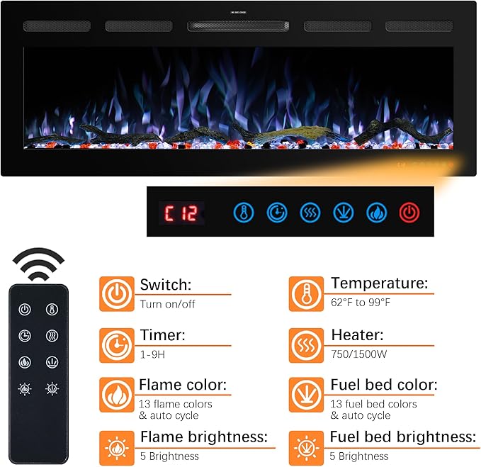 33" WiFi Electric Fireplace Inserts, Recessed and Wall Mounted Fireplace Heater - Image 2