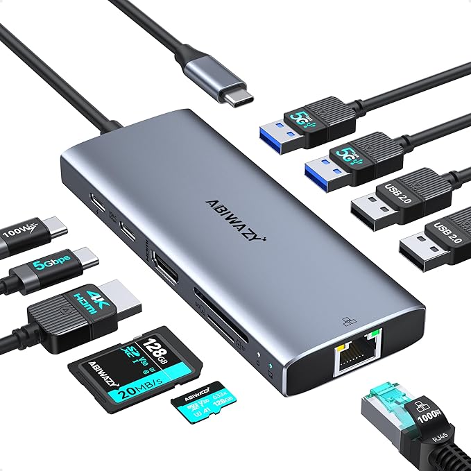 USB C Hub Adapter for MacBook Pro Air, 10 in 1 USB C to USB HDMI Ethernet Hub by ABIWAZY