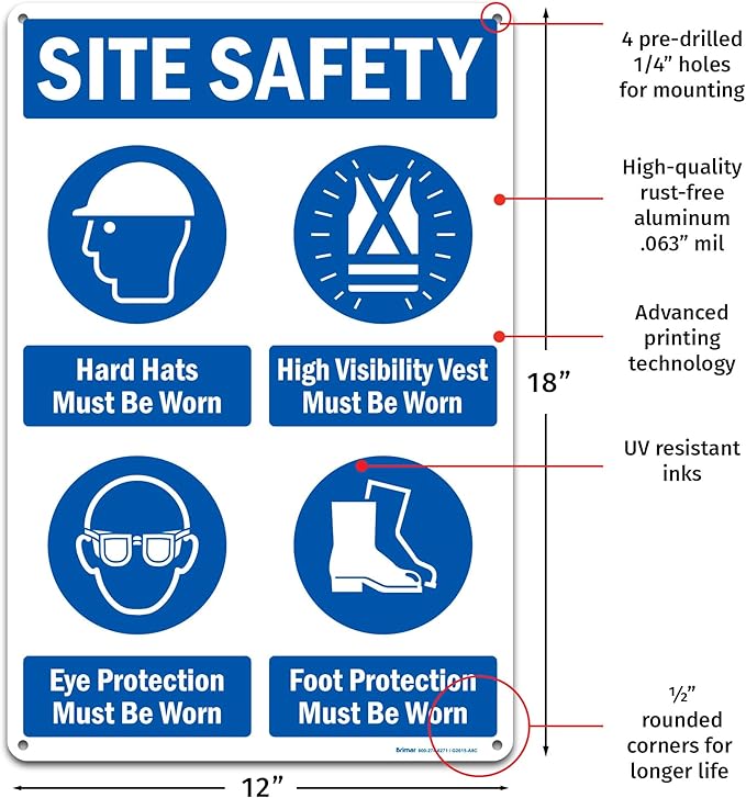 Brimar - 12" x 18" - Site Safety Mandatory PPE Sign - .063″ White Rust-Free - Image 2