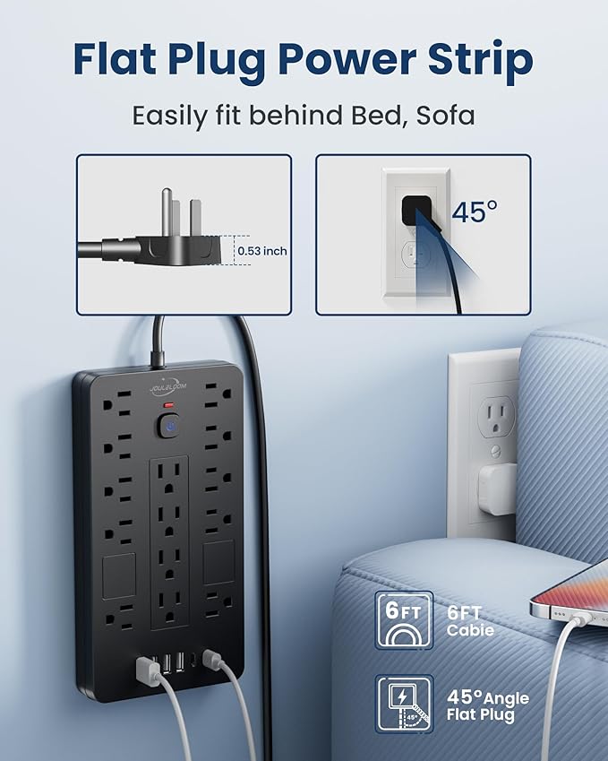 JouleLoom Surge Protector Power Strip-14 Outlets and 6 USB Ports, 6 Feet Flat - Image 5