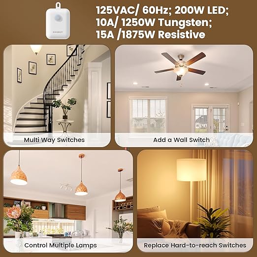 SURAIELEC 3-Way Wireless Remote Control Light Switch & Receiver Kit, 15A RF - Image 6