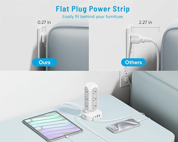 TenTrend 65W Fast Charging Station, Flat Plug Power Strip Tower - Image 4