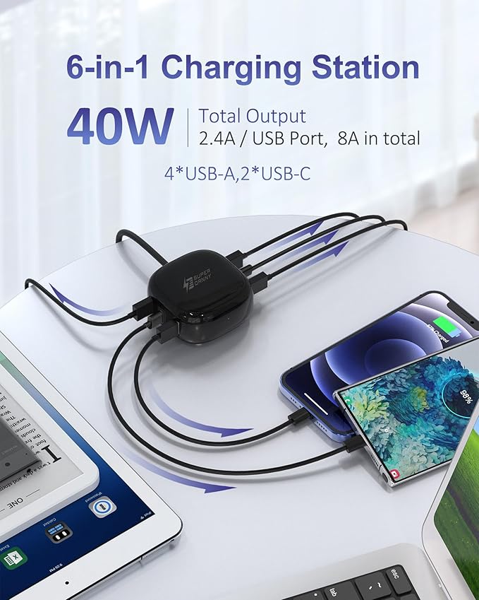 SUPERDANNY 6-Port USB Charger 8A, 40W Mini USB Charging Station, Charging - Image 2