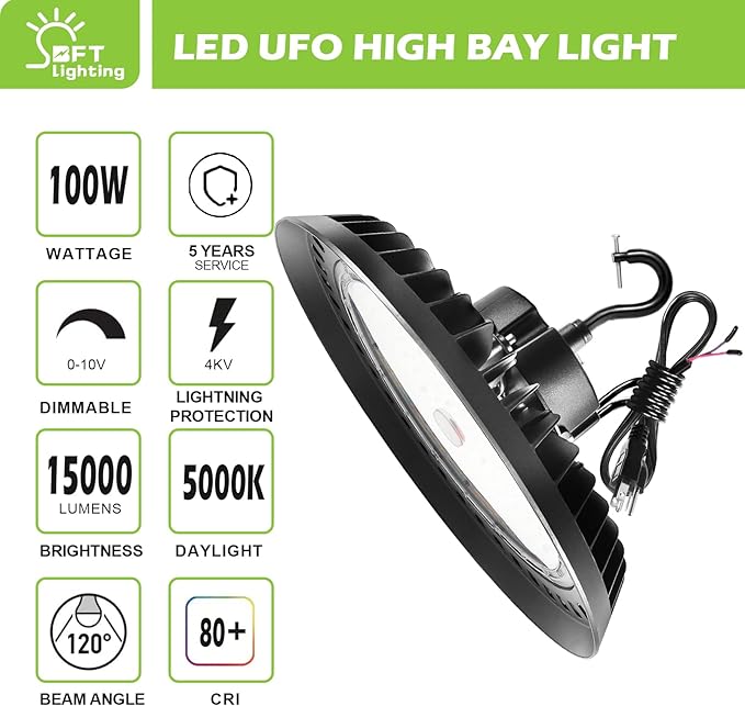 BFT UFO LED High Bay Light 200W 5000K High Bay LED Shop Lights 30000LM 1-10V - Image 2