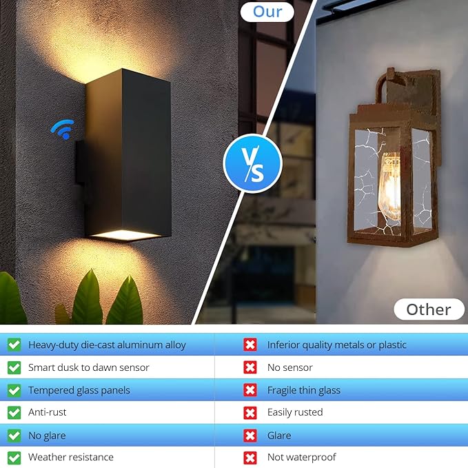 wowlite Outdoor Wall Lights Dusk to Dawn Sensor, 2700K Warm LED Up Down Sconce - Image 4